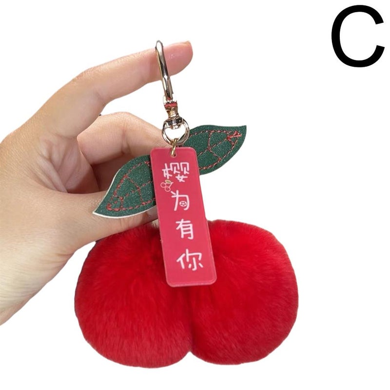 Faux rabbit fur plush cherry pendant, fashionable car keychain, women's bag plush charm
